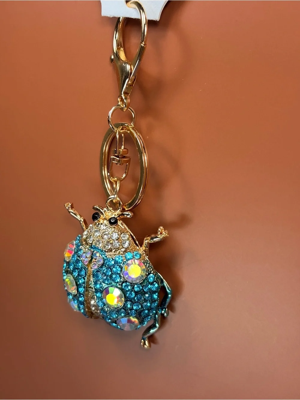 Sparkling Ladybug Keychain - Gold with Blue Aurora Rhinestones